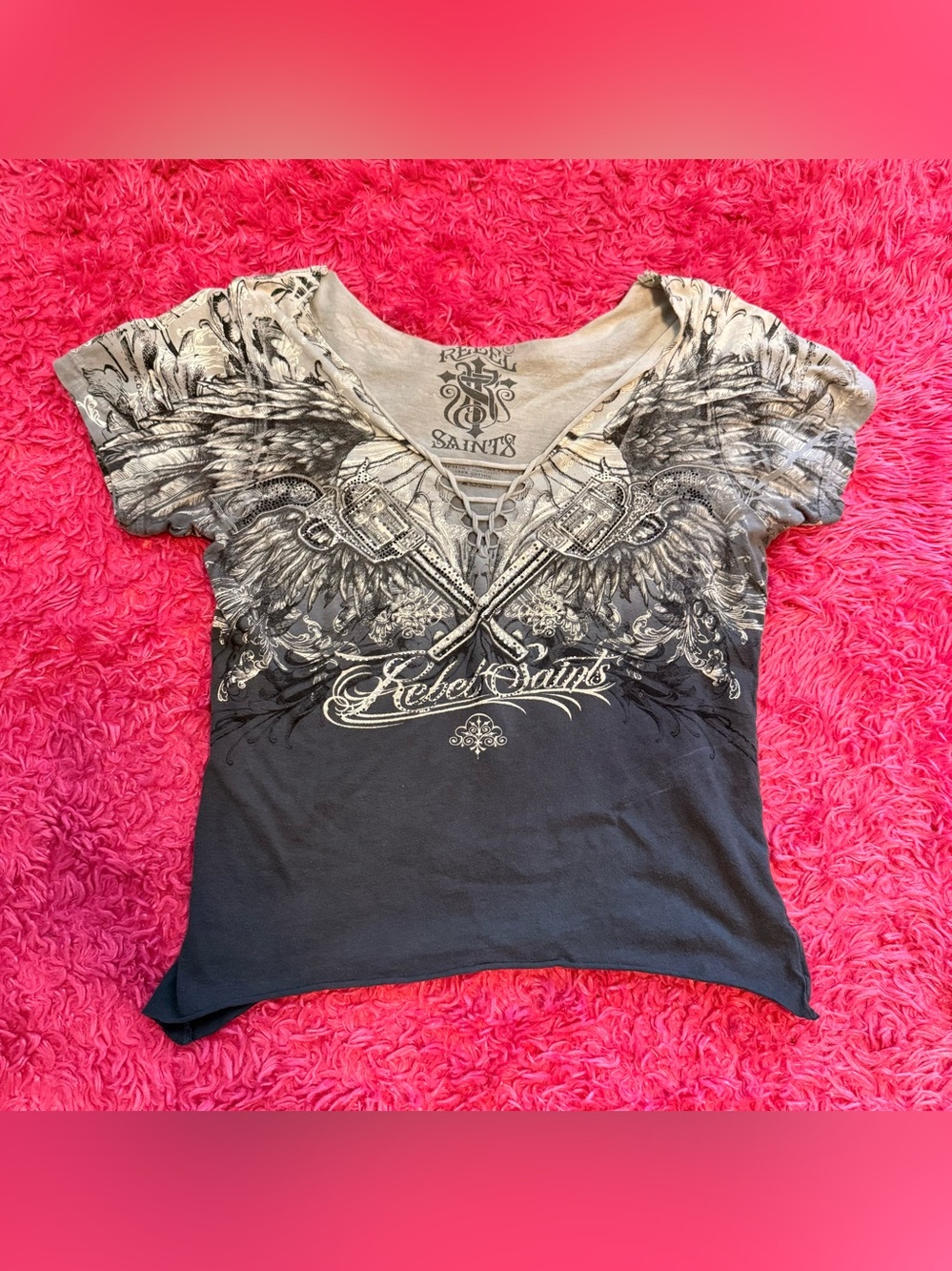 Rebel Saints Women's Black and Cream Graphic V‑Neck Top